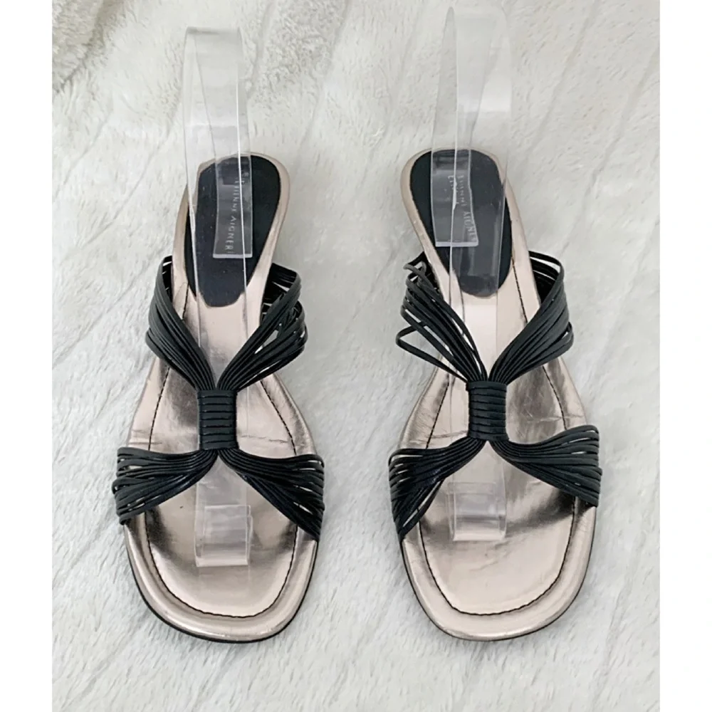 ETIENNE AIGNER Sz 9M “EMMI” Black Strappy Kitten Heel Slide Sandals